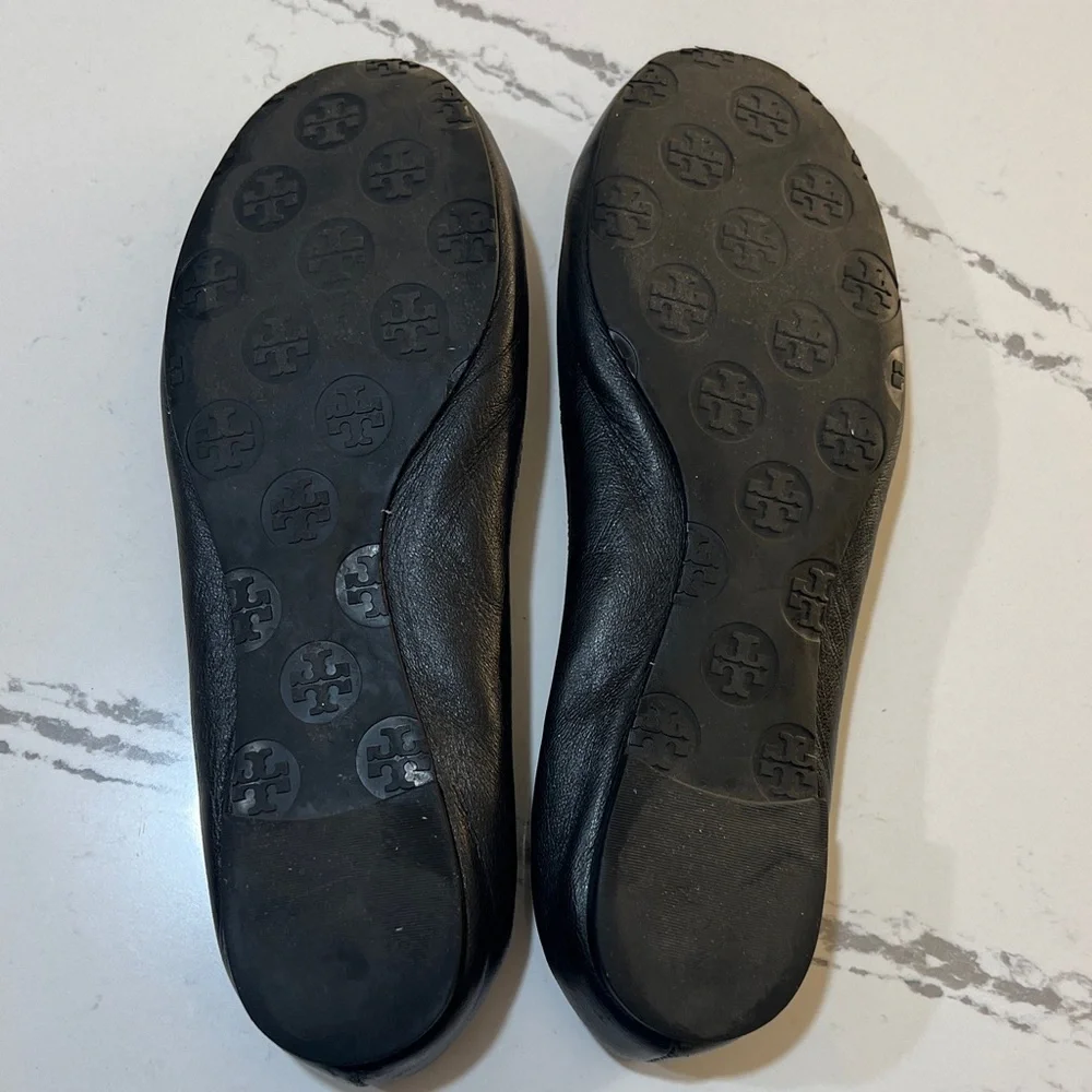 Tory Burch Reva leather Ballet Black Flats with Gold Logo size 8M